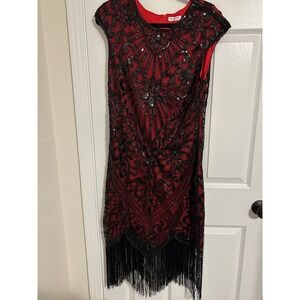 SWEETV Red Black Sequin Flapper Dress Gatsby Art Deco Fringe Cocktail Dress
